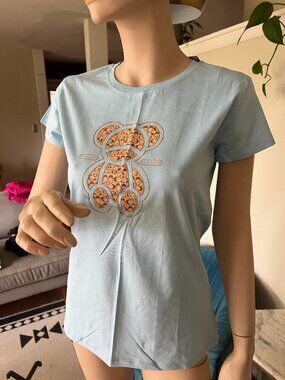 NWT Coach Signature Teddy Bear Organic Cotton Graphic Tee Blue L